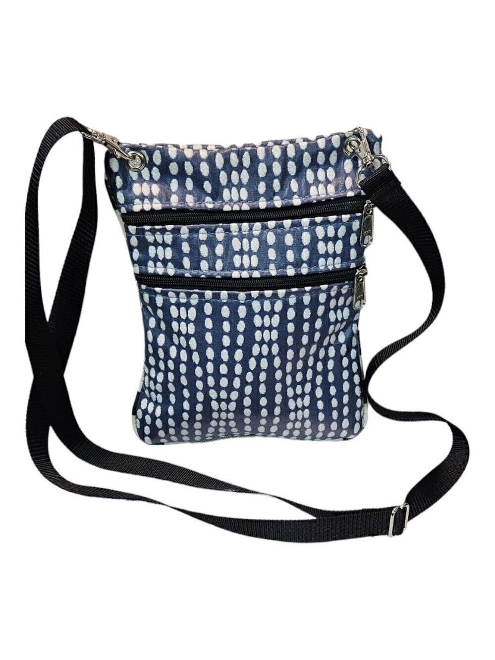 Womens Navy Blue White Wavy Dots Double Zip Bohemian Crossbody Satchel Bag